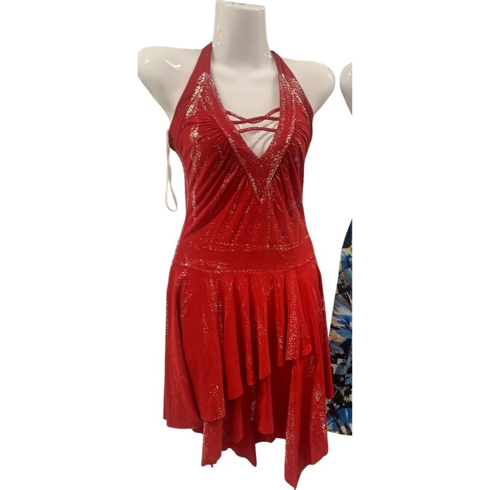 Red Halter Neck Dance Costume With Silver Glitter Accents & Asymmetrical Skirt - Picture 2 of 2